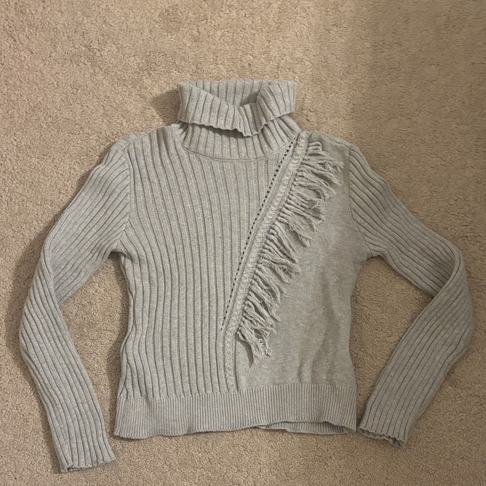DKNY Ribbed Turtleneck Sweater with Fringe Detail
